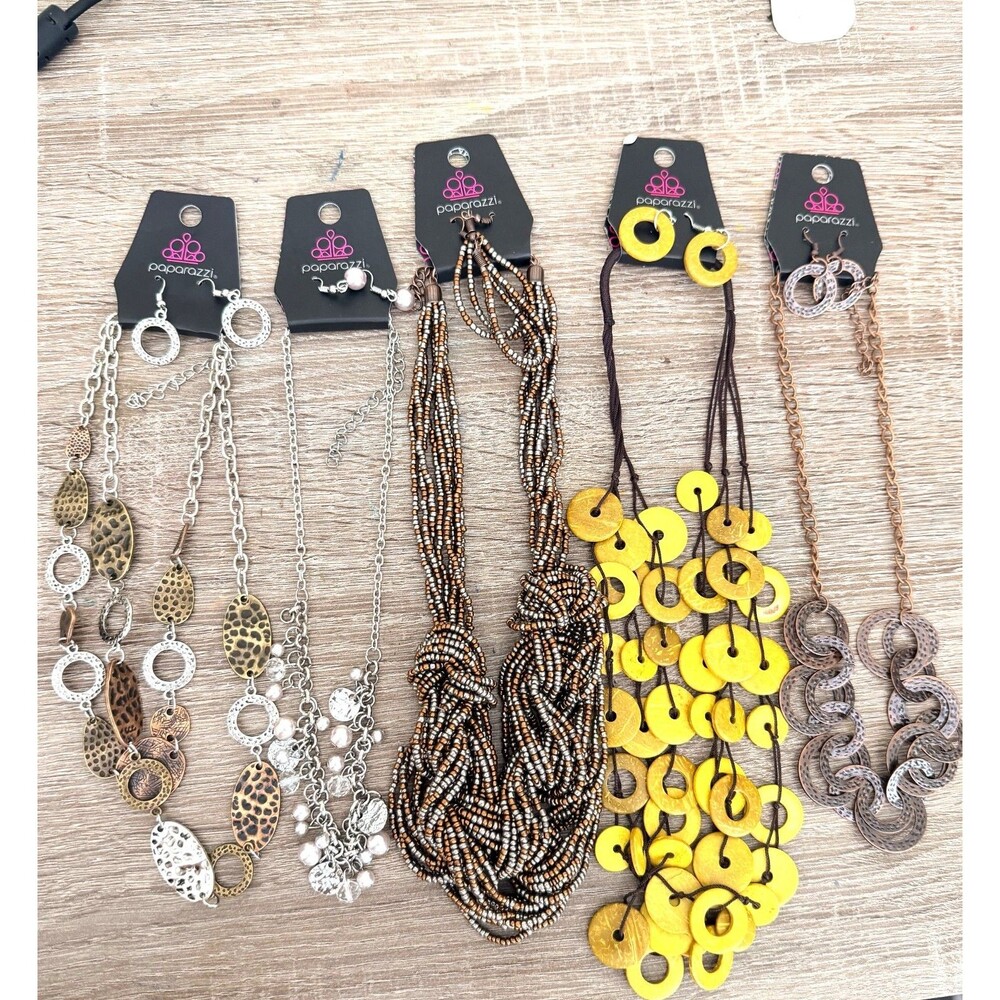 Paparazzi Jewelry Lot 5 Sets Matching Necklaces Earrings Silver Gold Wood
